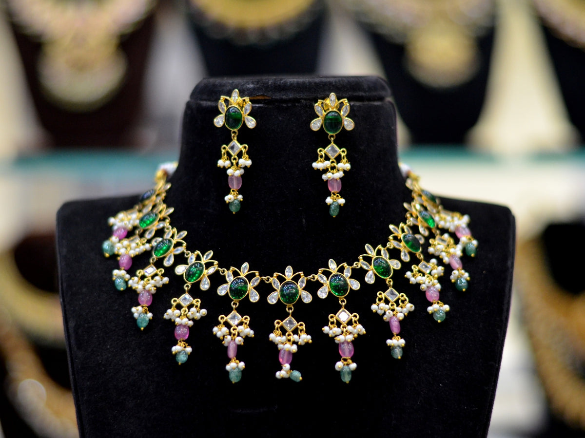 NECKLACE Necklace 704A - NEE704 GOLDEN STONE MULTI COLOR