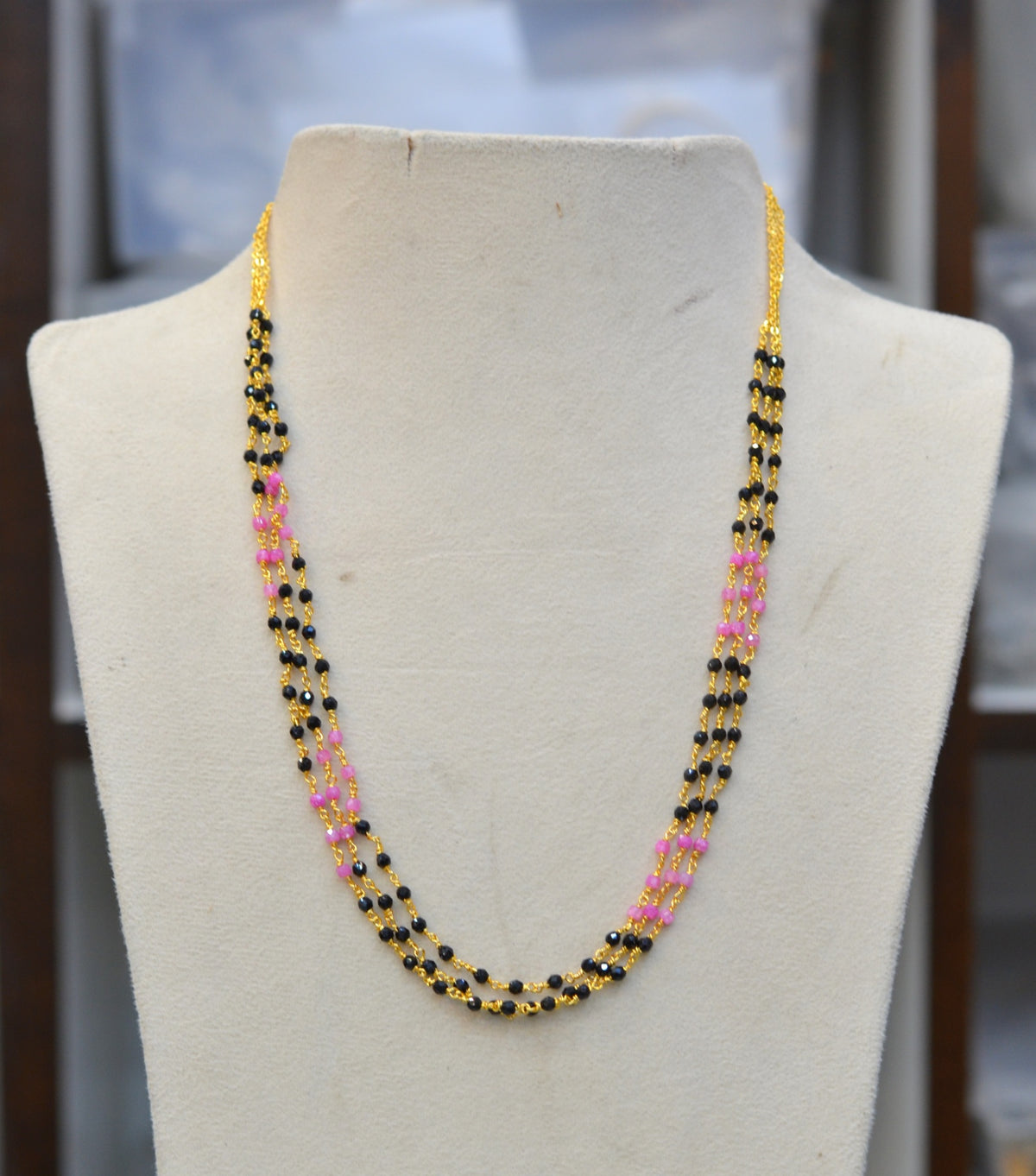 BEADS MALA AND CHAINS crystal 3 line kattu MINT PINK 18-20