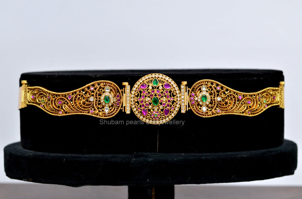Multi-Colour Kempu Vaddanam Waist Belt — 1 Gram Gold Plated South Indian Imitation Jewellery
