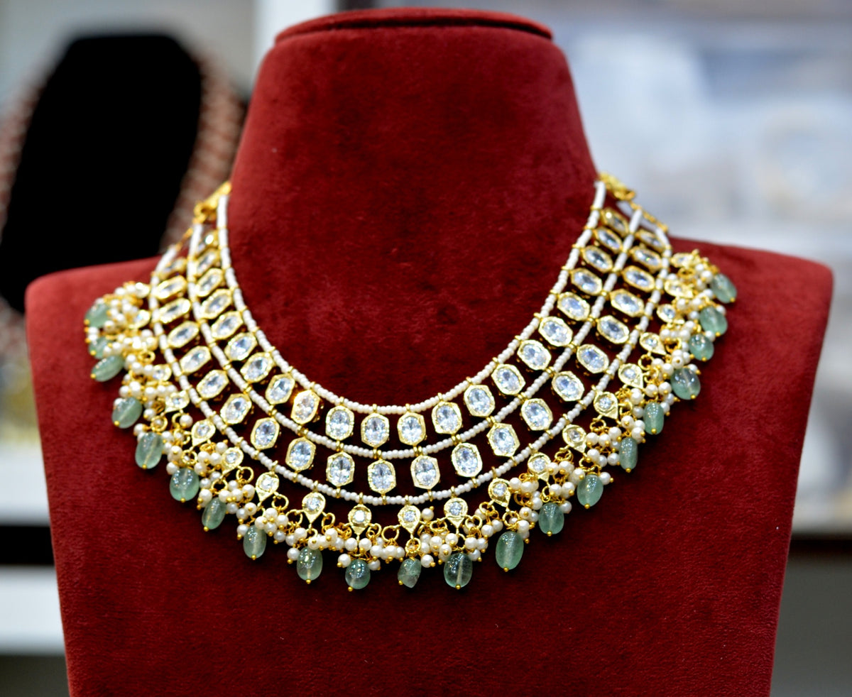 NECKLACE 2 Layer handmade set  CZ- LA2 - LA22 GOLDEN STONE EMERALD