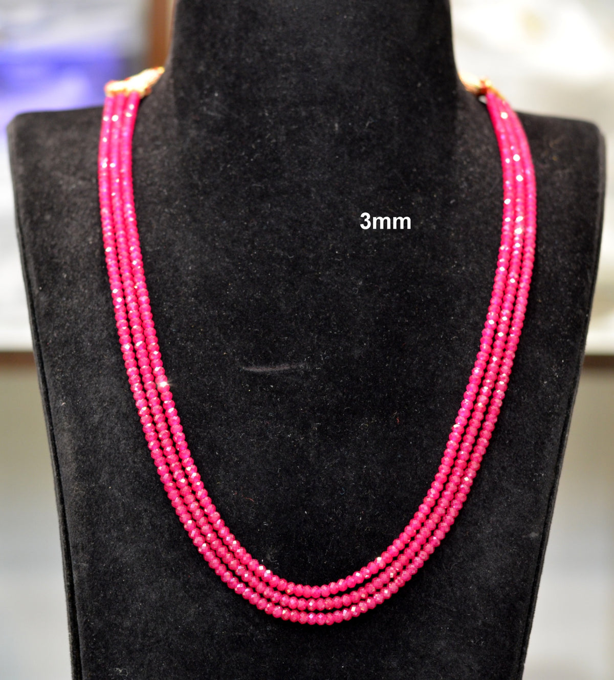BEADS MALA AND CHAINS 3 lines 3mm 18 inch rubies mala RUBY 16-18 Inch