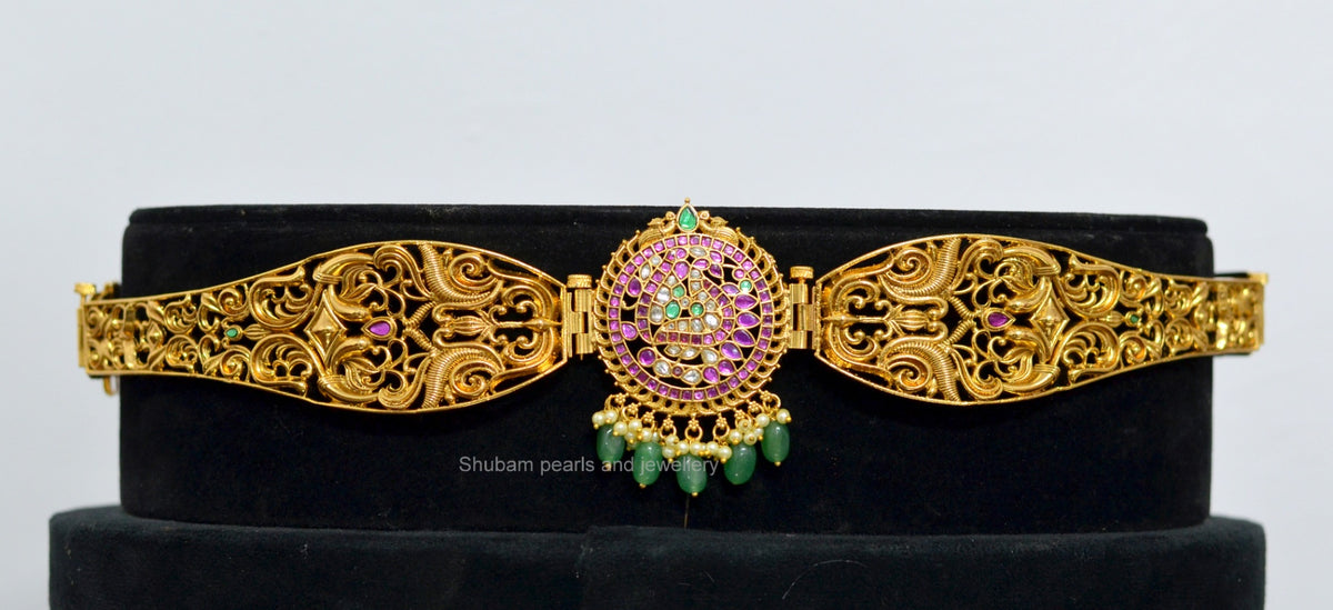 Kempu Emerald Vaddanam Waist Belt — 1 Gram Gold Plated South Indian Imitation Jewellery
