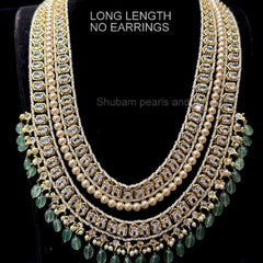 NECKLACE Uncut with pearls mala 3 line Uncut EMERALD