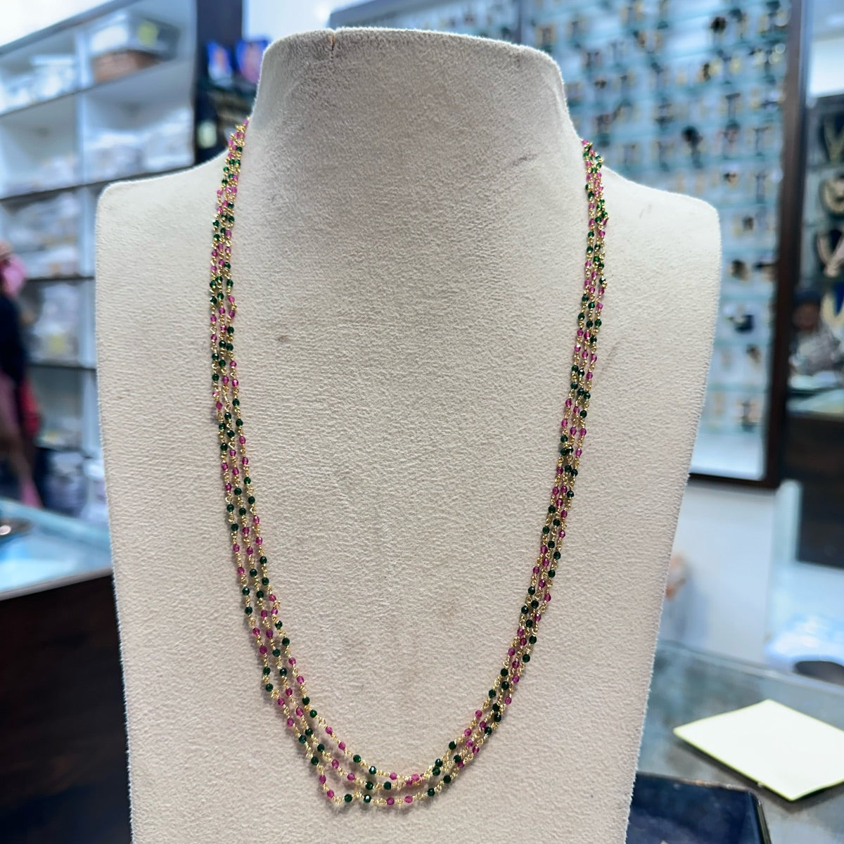 BEADS MALA AND CHAINS CRYSTAL 3 LINE LONG MULTI COLOR 22-24