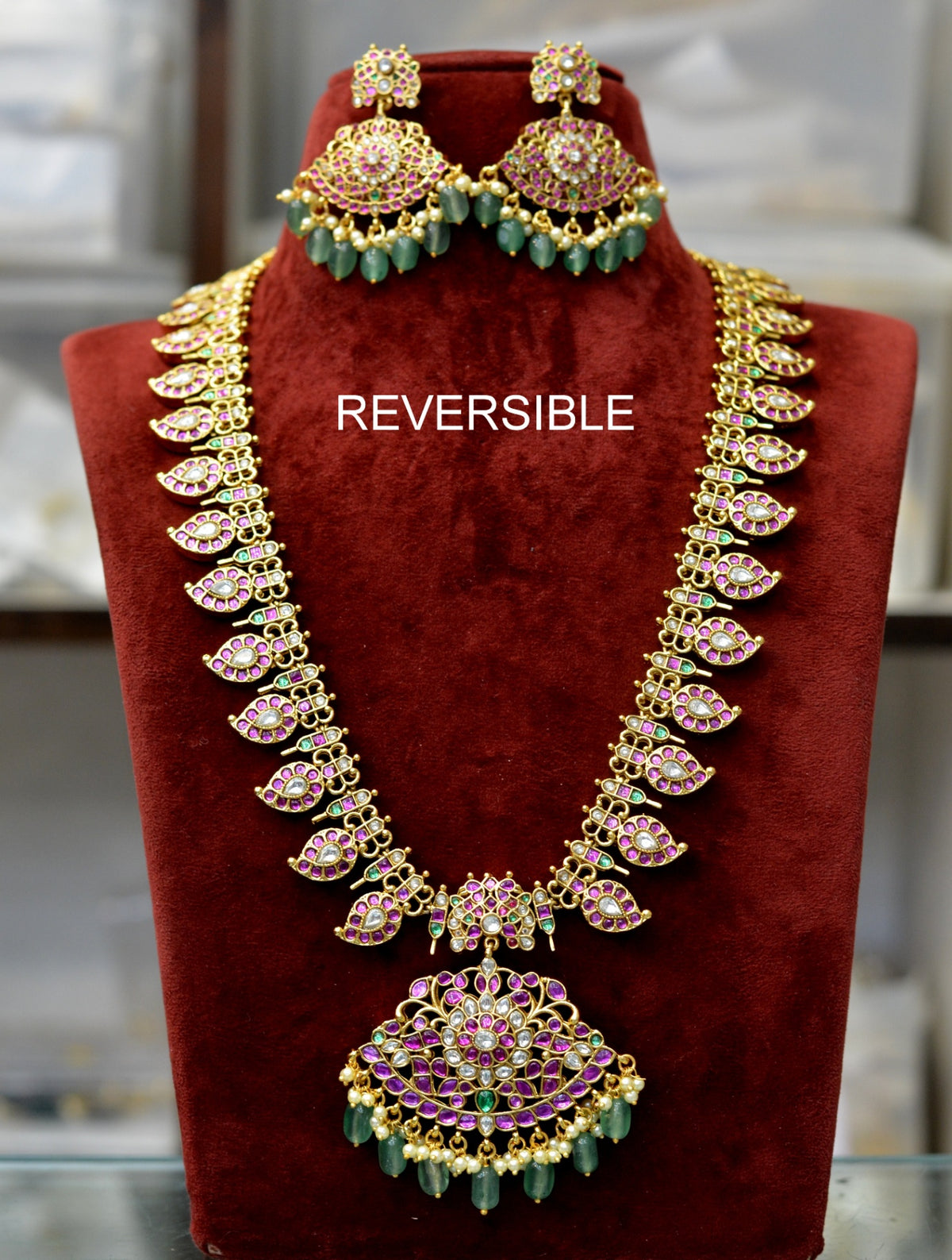 NECKLACE LONG kempu mango necklace green drops - KES KEMPU MULTI COLOR