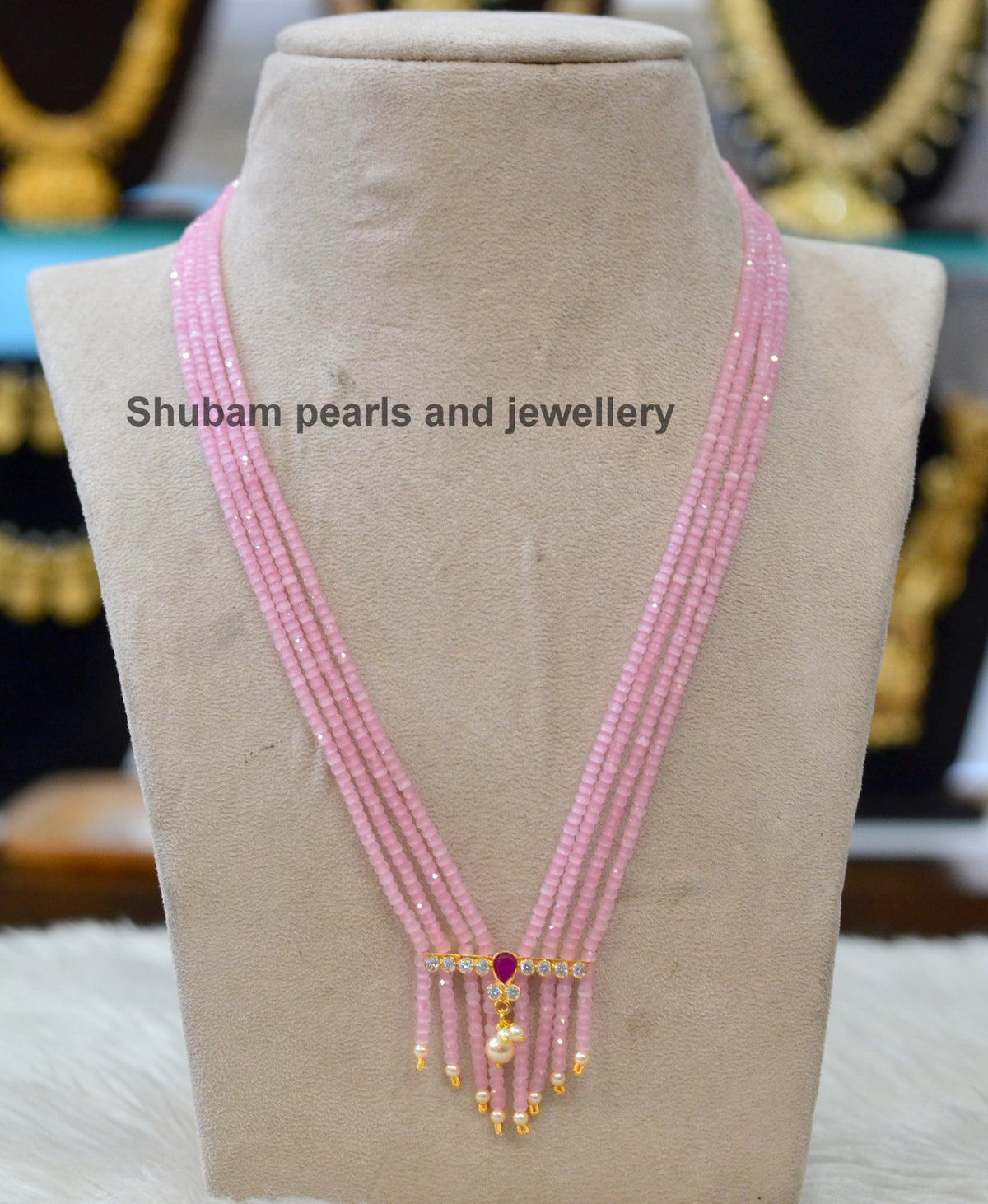 BEADS MALA AND CHAINS CZ hanging set 1 BABY PINK 16-18 Inch
