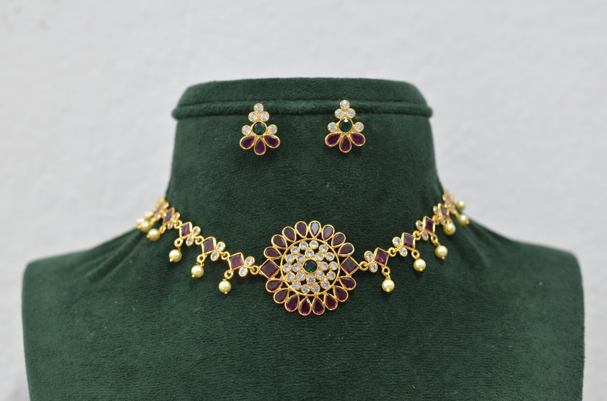 NECKLACE NK067 GOLDEN STONE MULTI COLOR