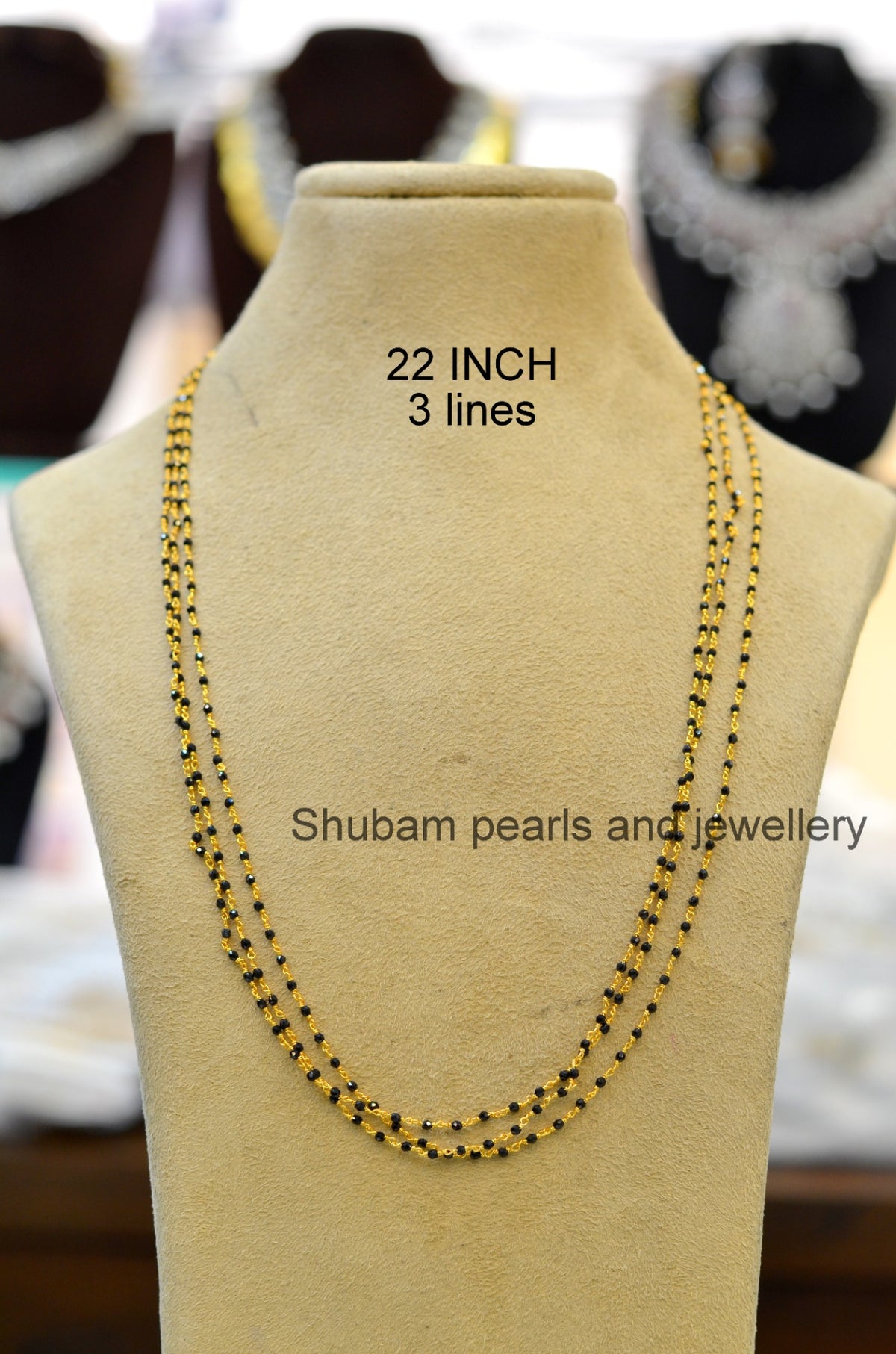 BEADS MALA AND CHAINS 22 Inch 3 line black diamond BLACK 22-24