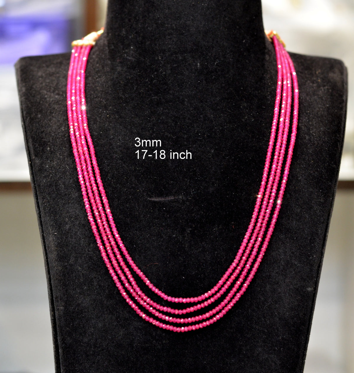BEADS MALA AND CHAINS 4 lines 3mm 18 inch chatam rubies RUBY 16-18 Inch