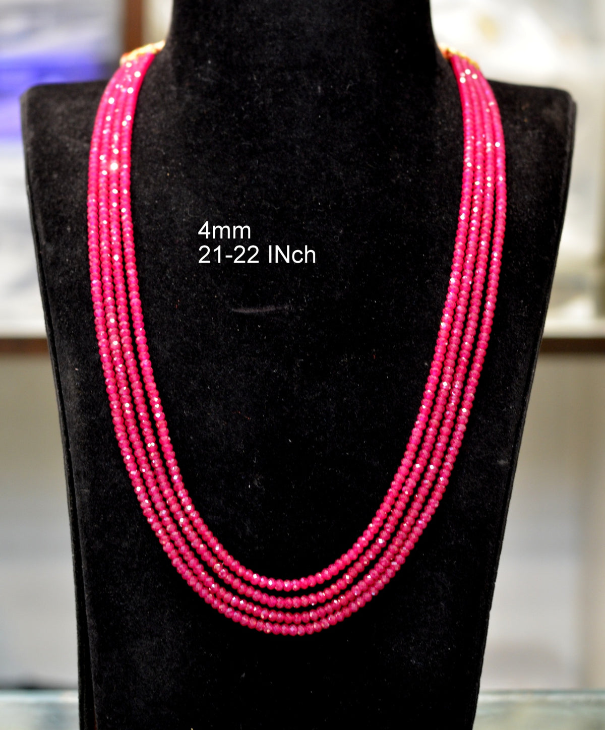 BEADS MALA AND CHAINS 4lines 4mm 22 inch chatam rubies RUBY 22-24