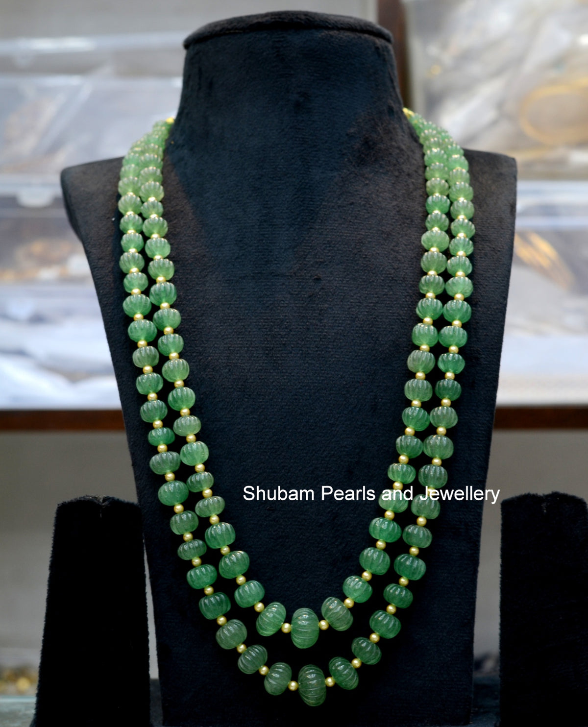 BEADS MALA AND CHAINS  Kharbuja Beads Mala EMERALD 11-12 INCH
