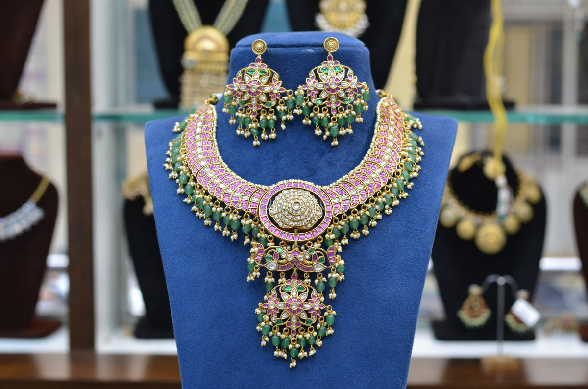 NECKLACE 2 SIDED & FLIP Necklace 044 - NEE044 Jadau Look Kemp Stone MULTI COLOR - MU with GREEN
