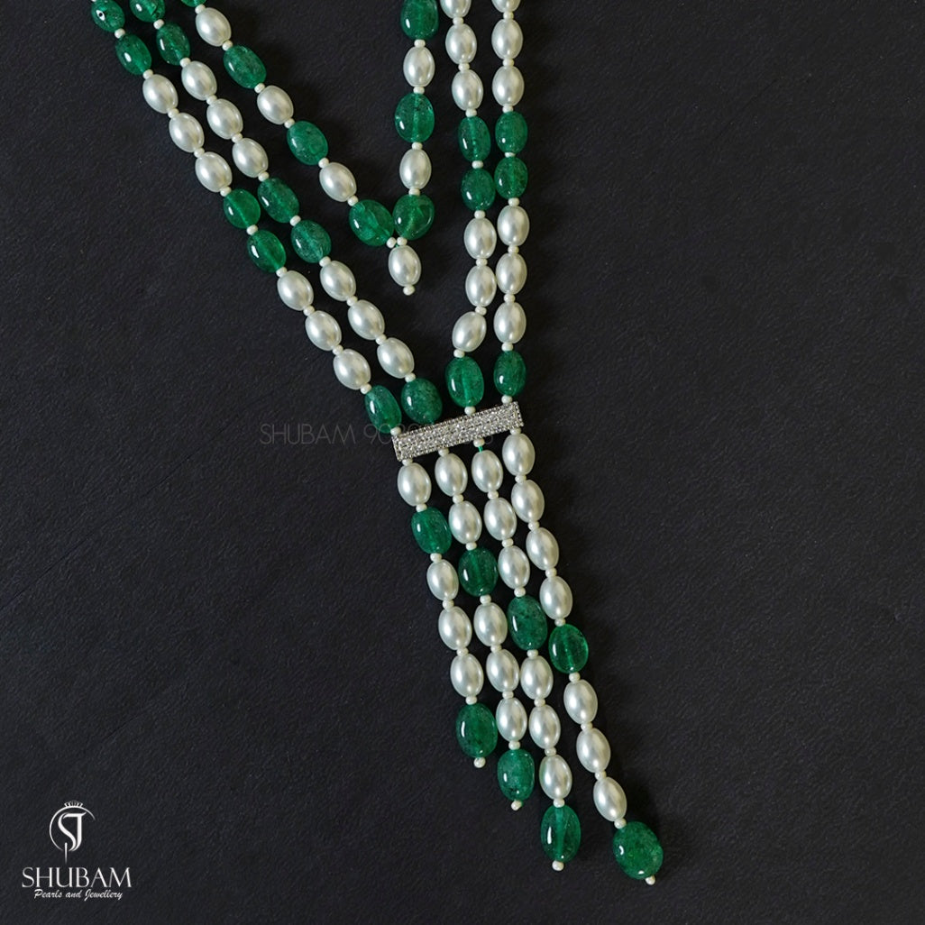 BEADS MALA AND CHAINS green and white 3 line mala MULTI COLOR 18-20